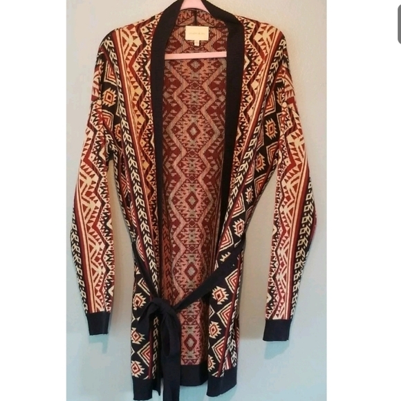 Under Skies Aztec Tribal Dark Red Navy Blue Belted Open Cardigan Size M Boho - Picture 1 of 6